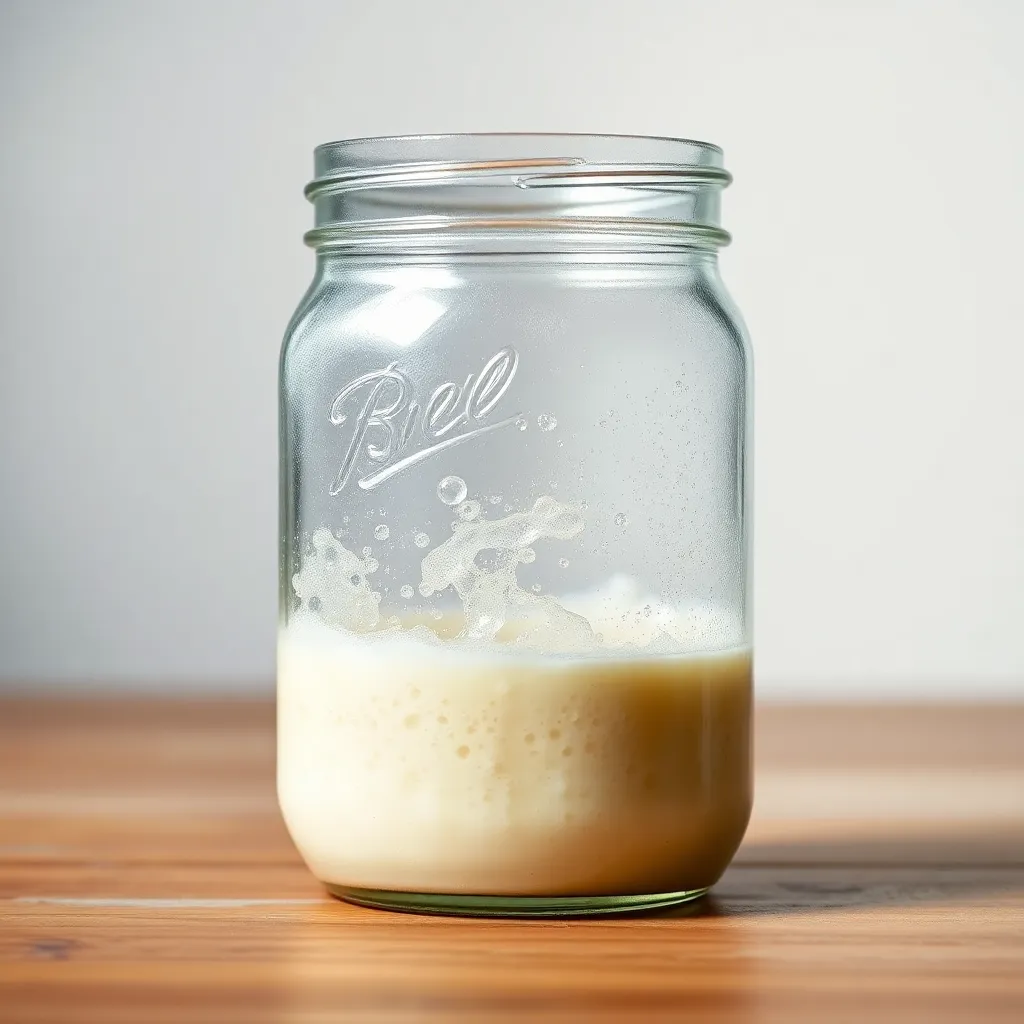 Active sourdough starter bubbling in mason jar